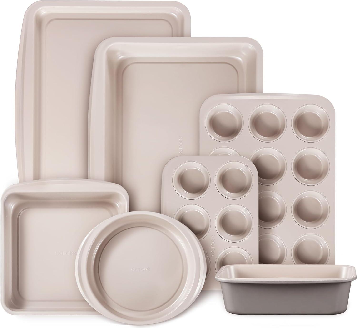 CAROTE gray and blue nine-piece stackable nonstick bakeware set with baking pans, spatula and oil brush